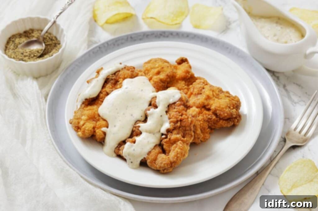 A plate of fried chicken steak topped with white gravy, served with a fork and pepper in a small bowl on the side.