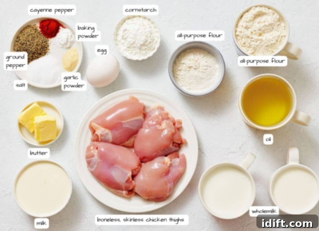 Assorted ingredients including boneless, skinless chicken thighs, spices, butter, flour, cornstarch, egg, oil, and milk arranged on a white surface, each labeled.