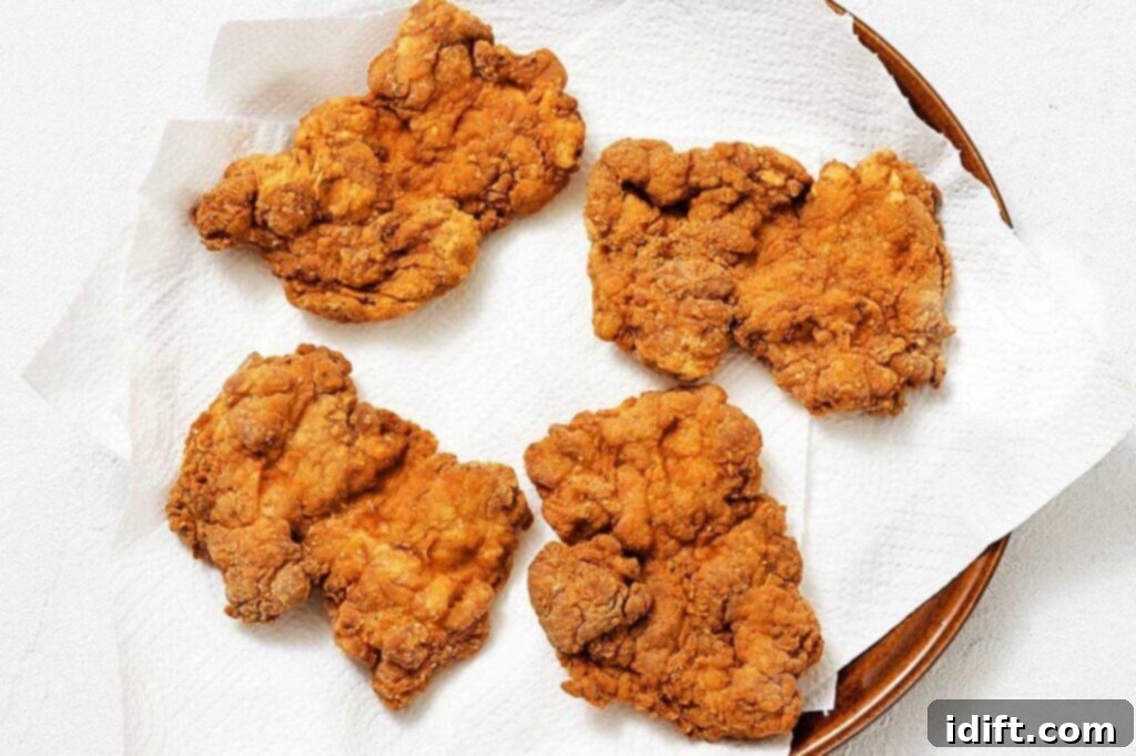 Five pieces of golden-brown fried chicken on a plate lined with white paper towels.
