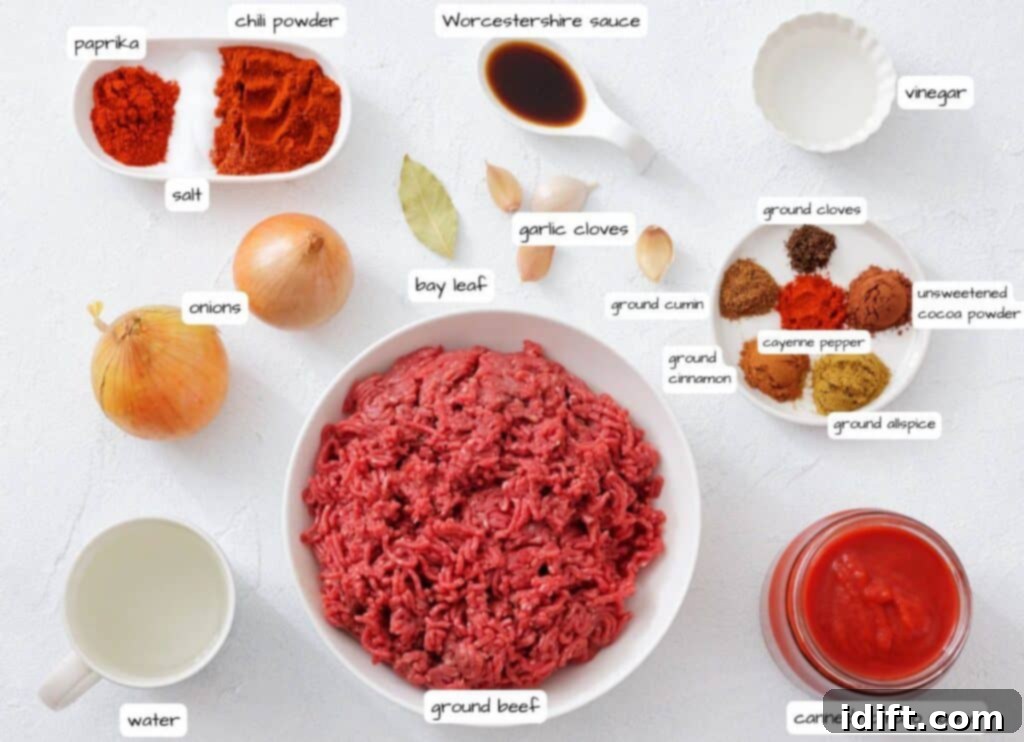 The Queen City's Signature Bowl 4 A flat lay of ingredients for chili, including ground beef, onions, canned tomato sauce, spices, water, Worcestershire sauce, and vinegar, all labeled.