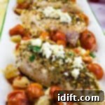 A closeup of Mediterranean Chicken Bake with Feta and Tomatoes