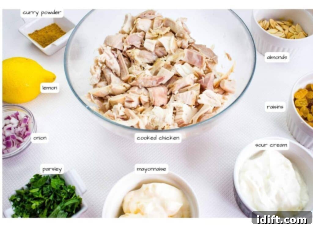 A bowl of cooked chicken surrounded by labeled ingredients: curry powder, almonds, lemon, raisins, sour cream, mayonnaise, parsley, and chopped onion.