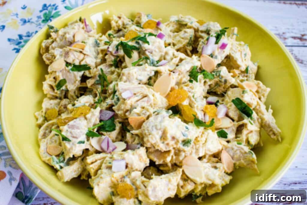 closeup of curry chicken salad with raisins