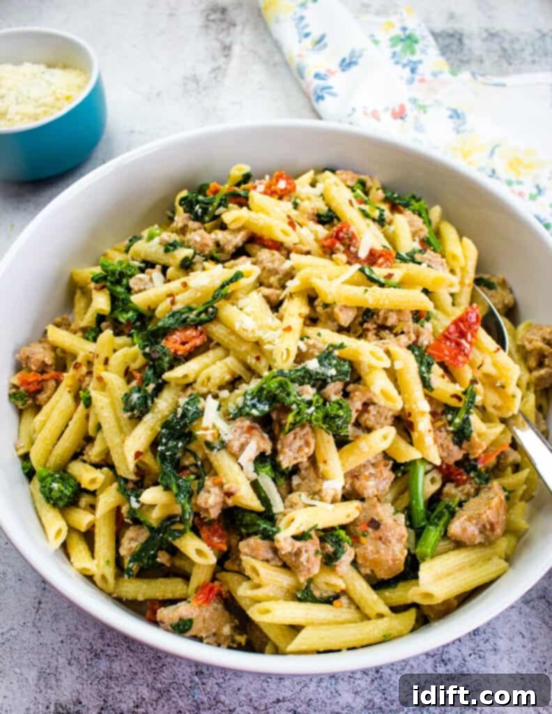 Robust Sausage & Broccoli Rabe Pasta 2 sausage & broccoli rabe pasta in a serving bowl
