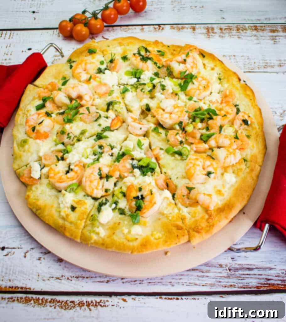 Lemon-Garlic Shrimp Pizza 2 Shrimp Scampi Pizza on a pizza stone, showcasing a golden crust and generous toppings.