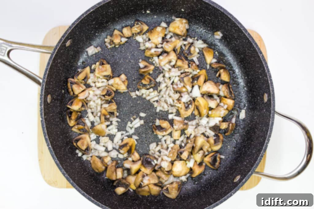 Savory Marsala Chicken Meatballs 11 Chopped shallots and minced garlic added to the skillet with sautéed mushrooms.