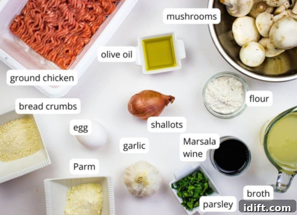 Savory Marsala Chicken Meatballs 3 Labeled ingredients organized on a cutting board, ready to make Chicken Marsala meatballs.