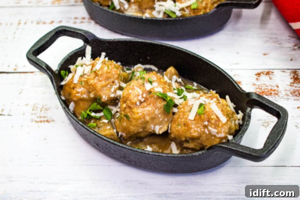 Savory Marsala Chicken Meatballs 4 Individual servings of chicken marsala meatballs in small white dishes, ready to be enjoyed.