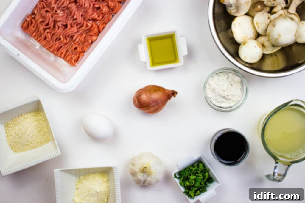 Savory Marsala Chicken Meatballs 5 All ingredients laid out to make chicken marsala meatballs, including ground chicken, mushrooms, garlic, and Marsala wine.