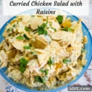 Creamy Curried Chicken Salad with Raisins in a white bowl, ready to be served.