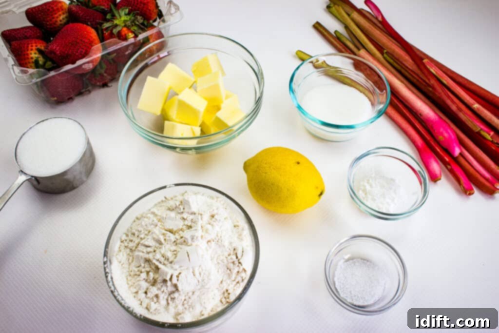 Blissful Strawberry Rhubarb Crumble 4 ingredients to make rhubarb and strawberry crumble, including fresh rhubarb, strawberries, flour, sugar, butter, and lemon