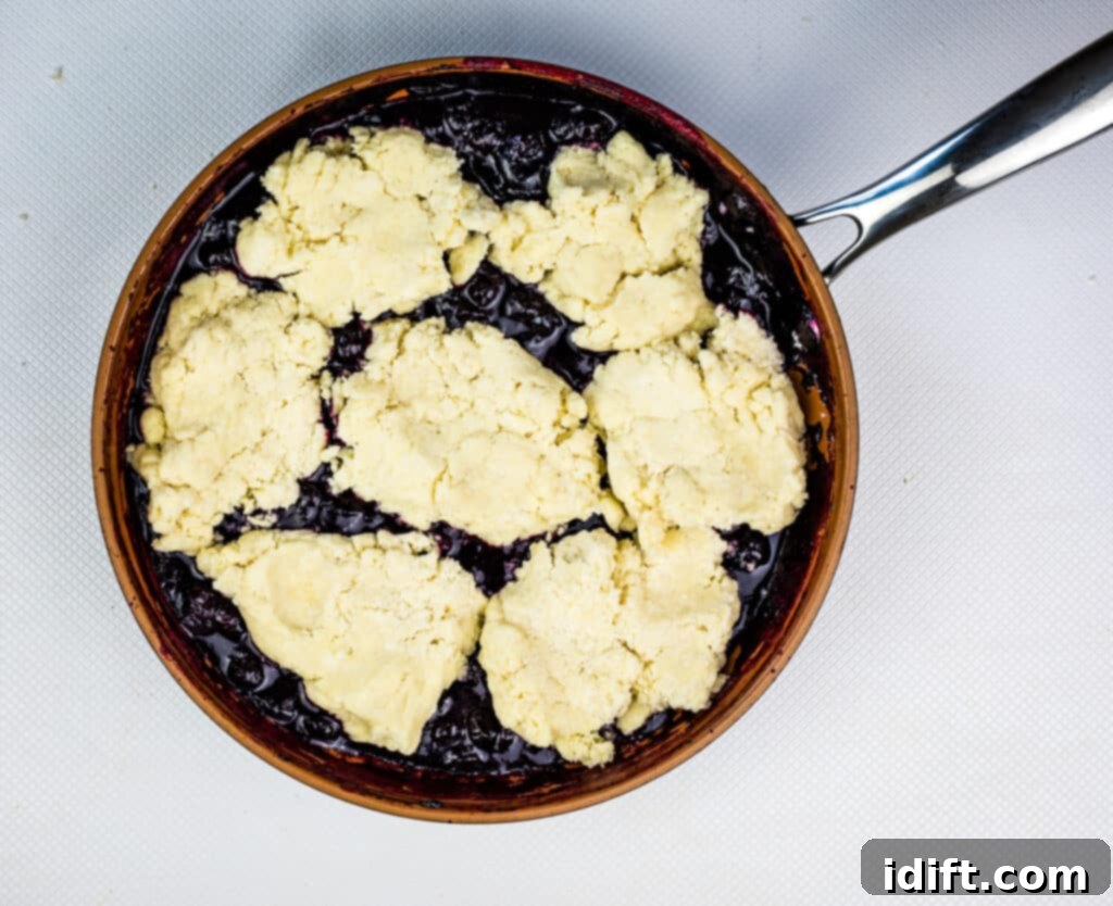 Spoonfuls of biscuit dough dropped evenly over the simmering blueberry filling in the skillet.