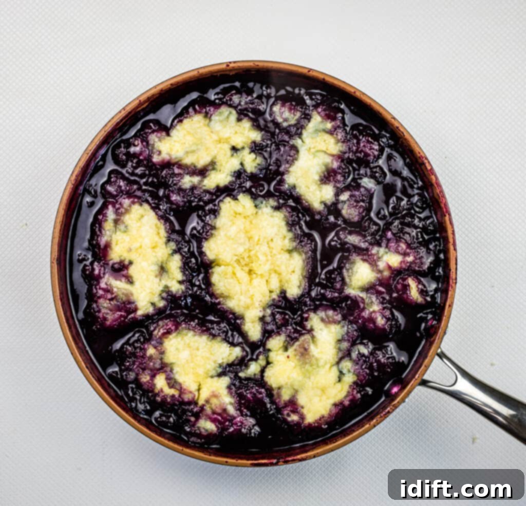 A skillet with a lid tightly placed on top, simmering the blueberry grunt to cook the biscuits.