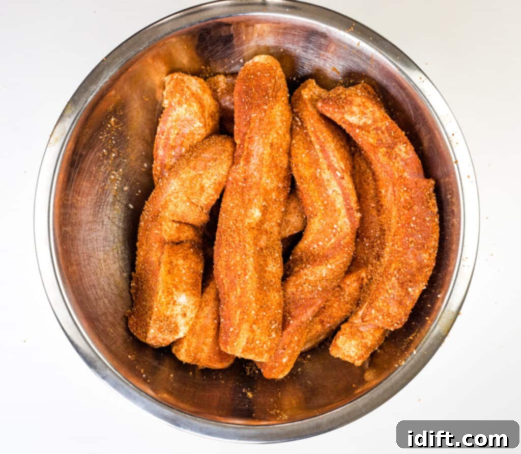 rubbed pork belly ready for the smoker