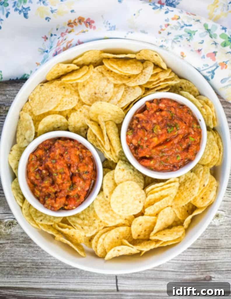 Ember Salsa 3 smoked salsa in a serving dish with tortilla chips