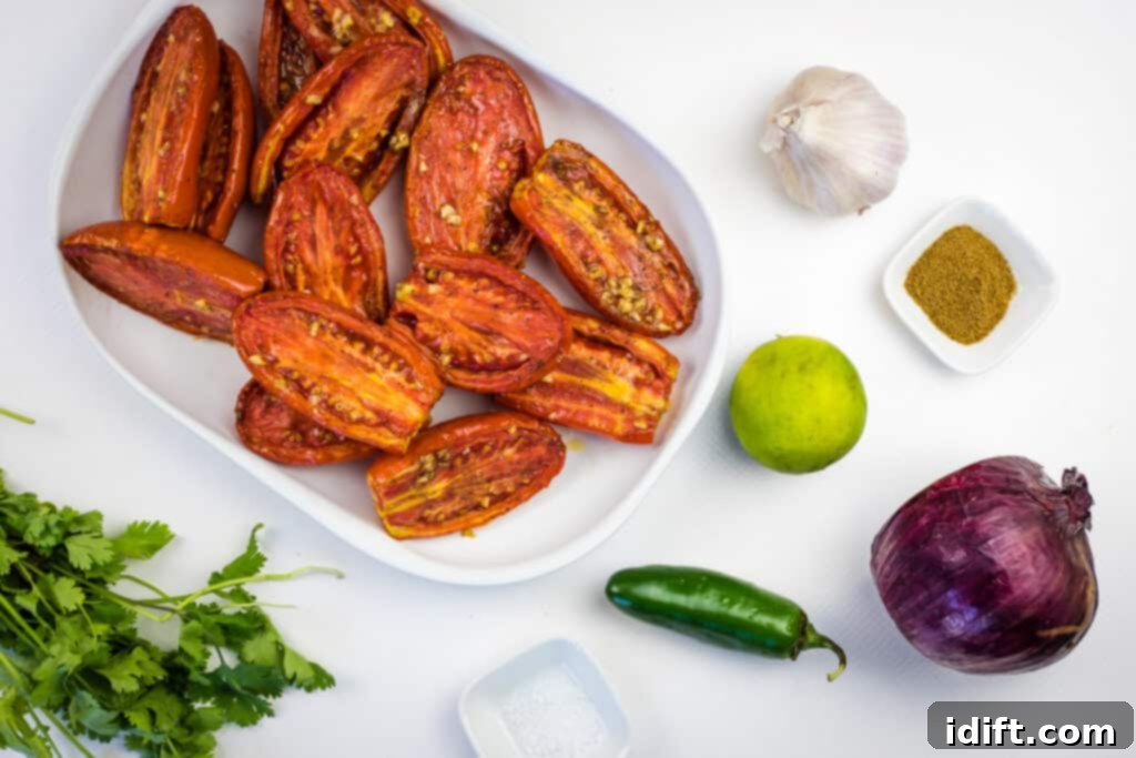 Ember Salsa 6 Ingredients for making smoked tomato salsa in food processor