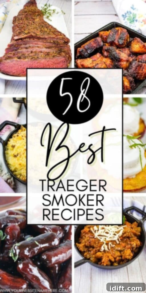 collage for the 58 best traeger recipes featuring various smoked dishes