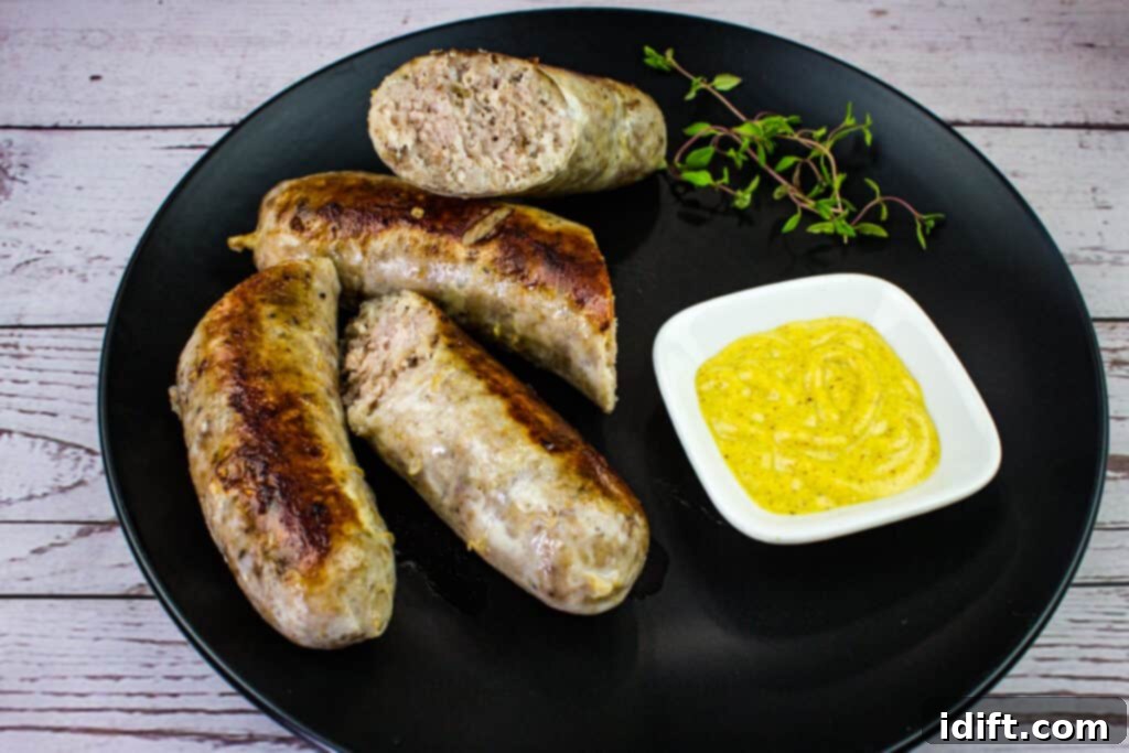 Perfect Sous Vide Sausages 3 sous vide sausage on a plate with mustard, ready to be enjoyed