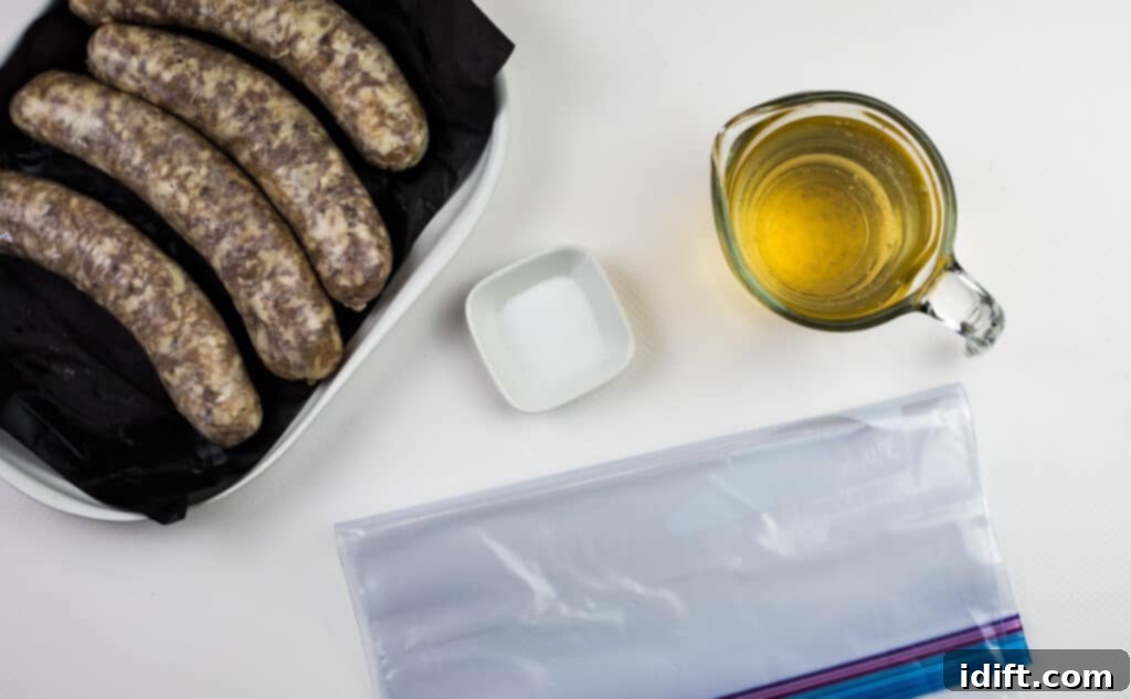 Perfect Sous Vide Sausages 5 ingredients for sous vide sausage arranged on a counter