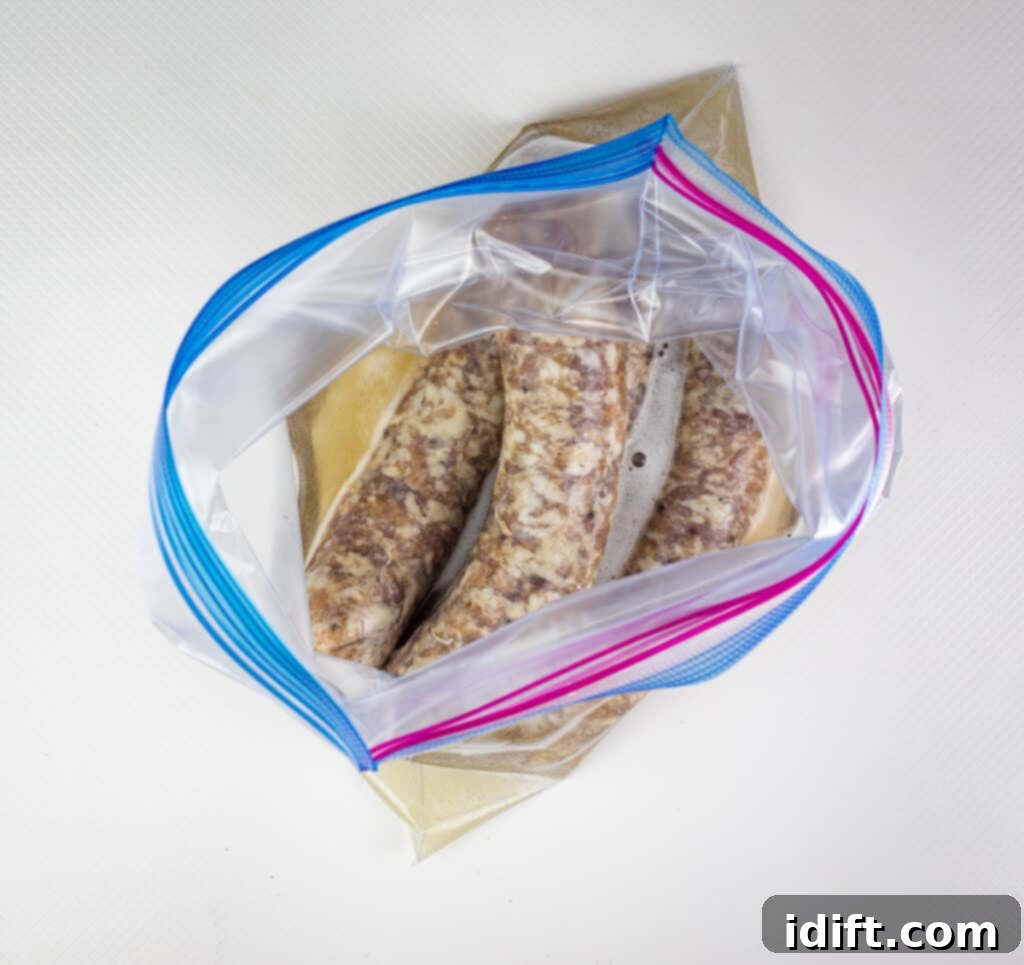 Perfect Sous Vide Sausages 6 sausage, beer, and salt placed inside a vacuum seal bag