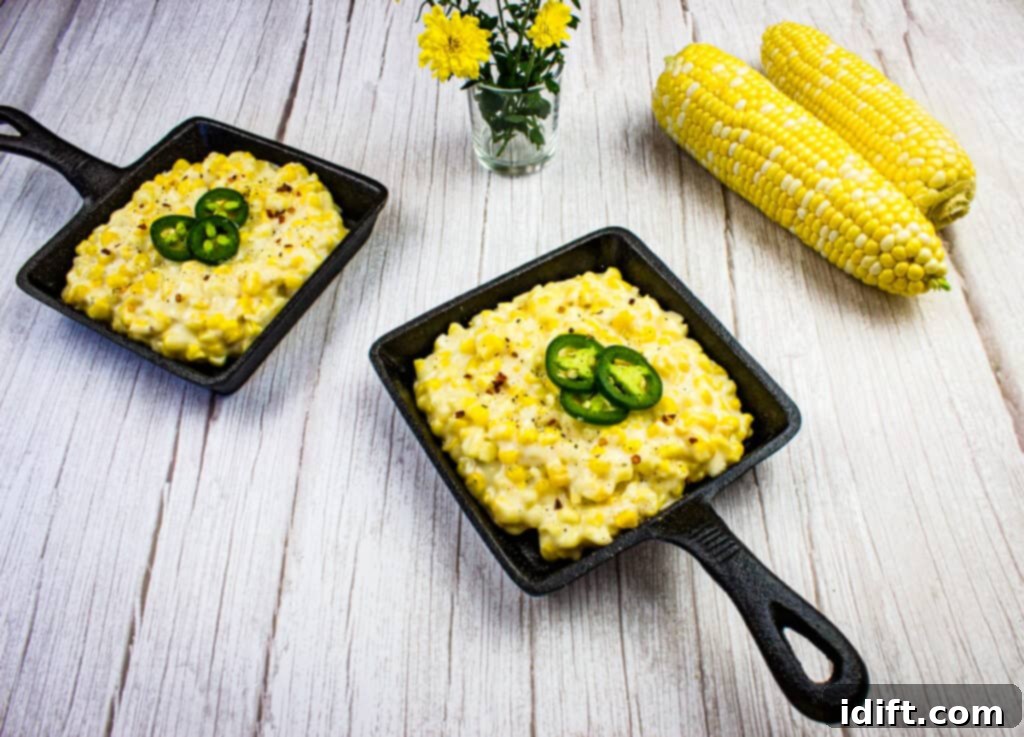 creamed corn in black serving dishes