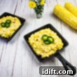 creamed corn in black serving dishes