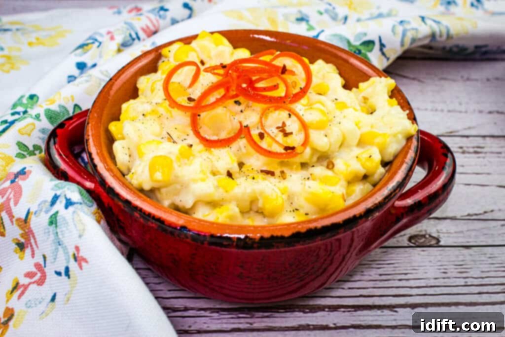 creamed corn in rustic serving dish