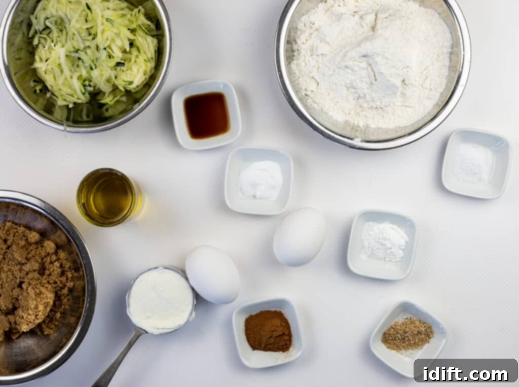 Ingredients laid out to make moist zucchini bread recipe