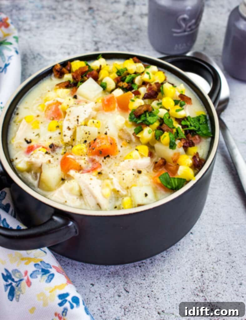 Hearty Chicken and Sweet Corn Chowder 2 chicken and corn chowder in a bowl