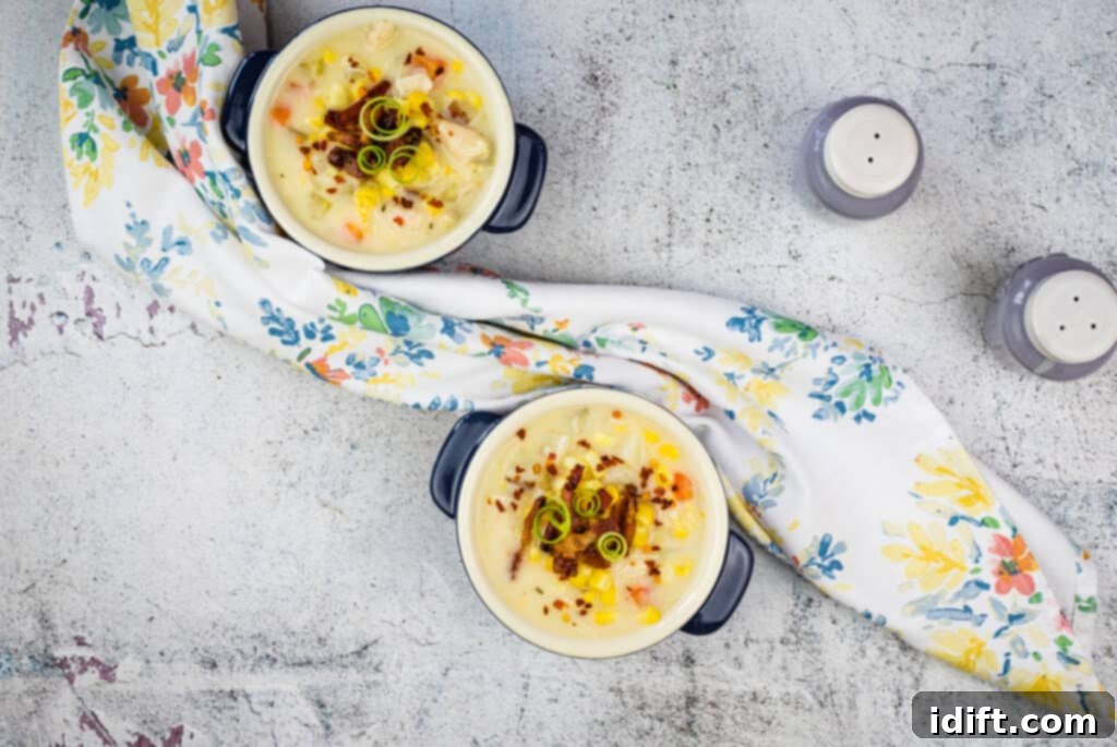 Hearty Chicken and Sweet Corn Chowder 4 bowls of chicken corn chowder