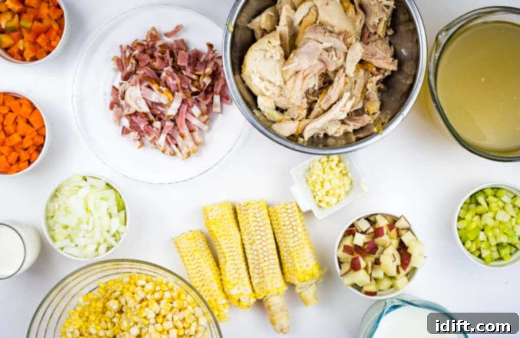 Hearty Chicken and Sweet Corn Chowder 6 prepped ingredients to make chicken corn chowder
