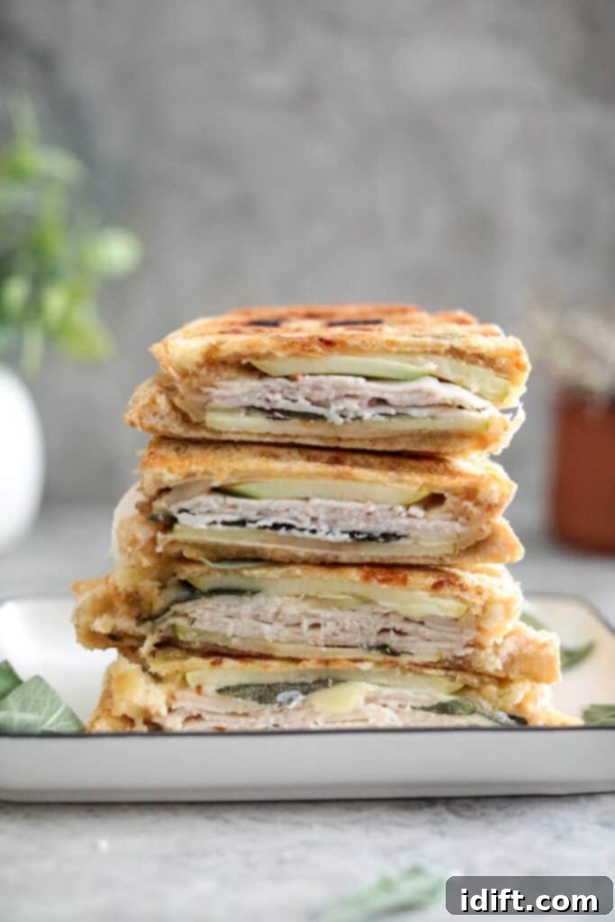 Freshly pressed Turkey & Apple Panini, perfectly golden brown with grill marks, on a wooden board.