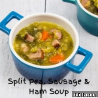 Split Pea Soup with Ham & Sausage in a small blue bowl with a second in the background