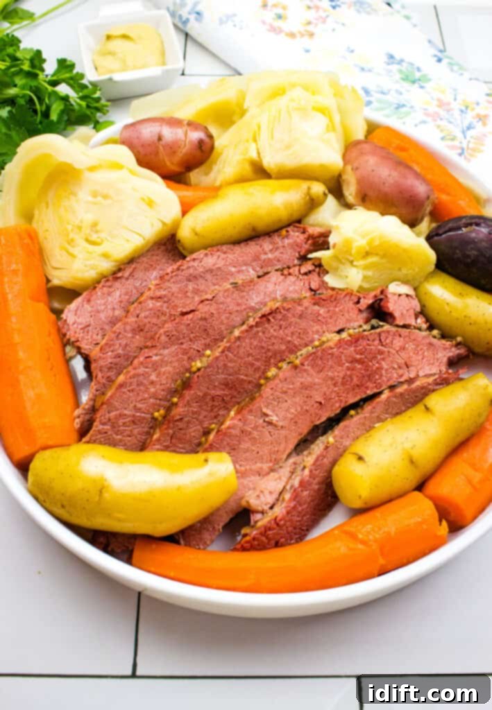A hearty Instant Pot corned beef and cabbage dinner served on a plate.