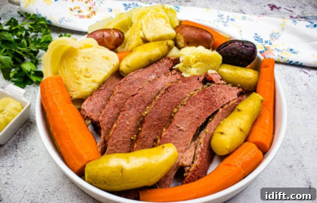 A delicious Instant Pot corned beef meal with cabbage, potatoes, and carrots.