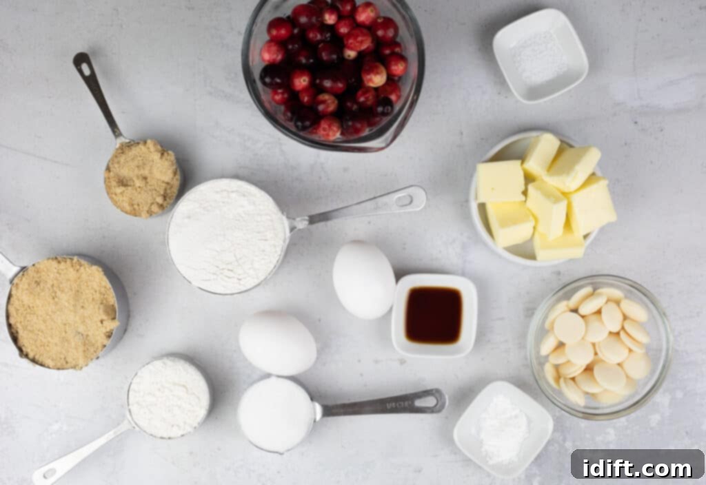 Tangy Cranberry Squares 8 All the fresh ingredients neatly laid out on a counter, ready to be combined for the cranberry bars.