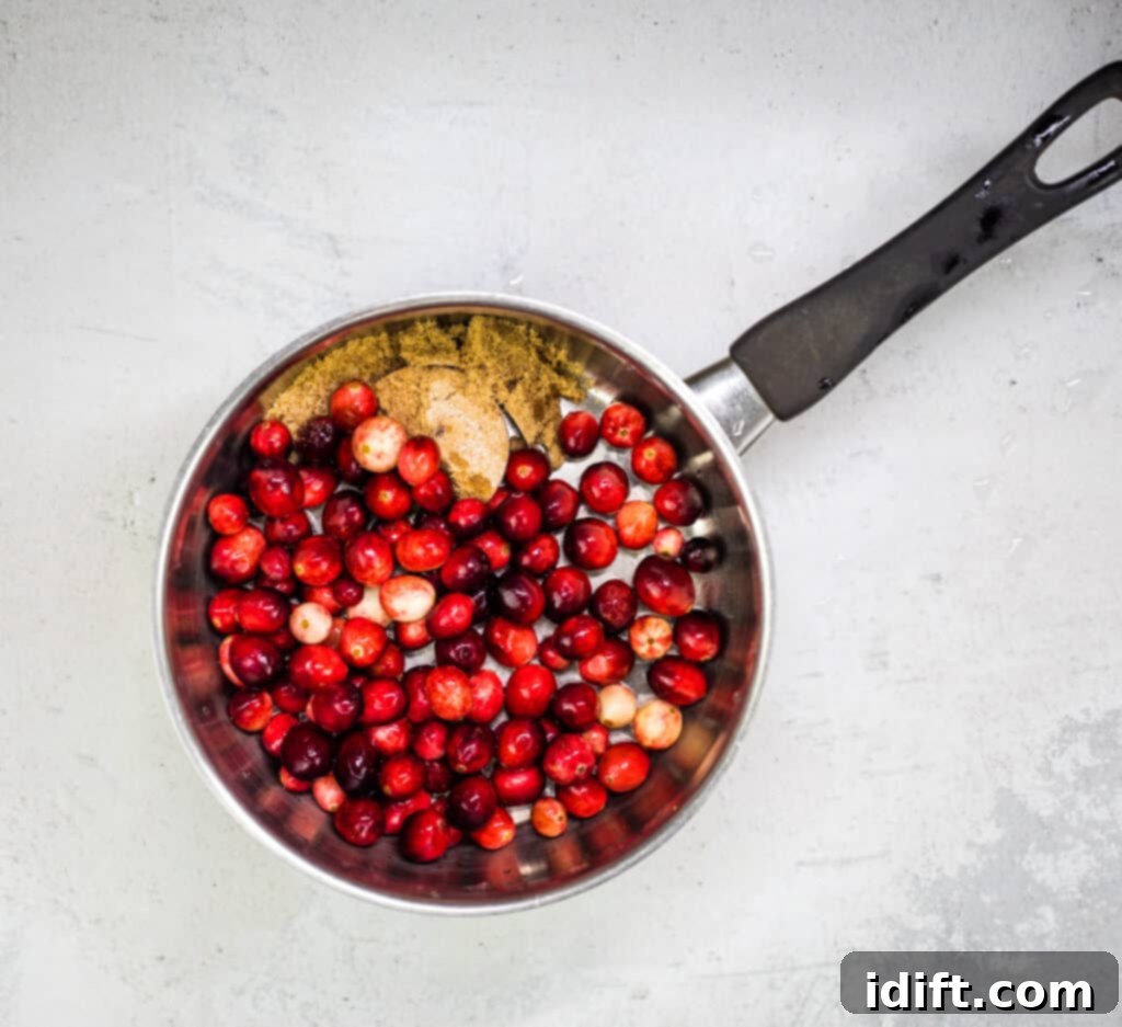 Tangy Cranberry Squares 11 Fresh cranberries and sugar simmering gently in a small pot, beginning to break down and form a sauce.