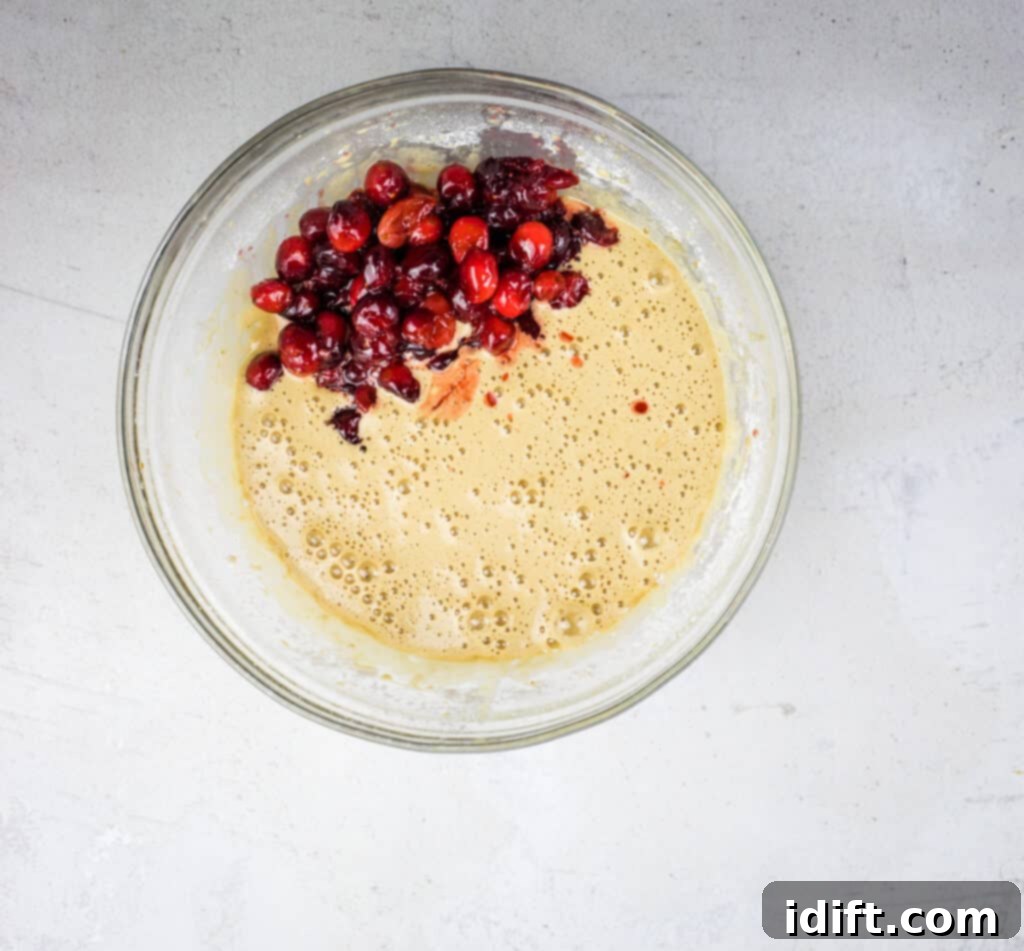 Tangy Cranberry Squares 15 The cooled cranberry mixture being gently folded into the prepared egg batter with a spatula.