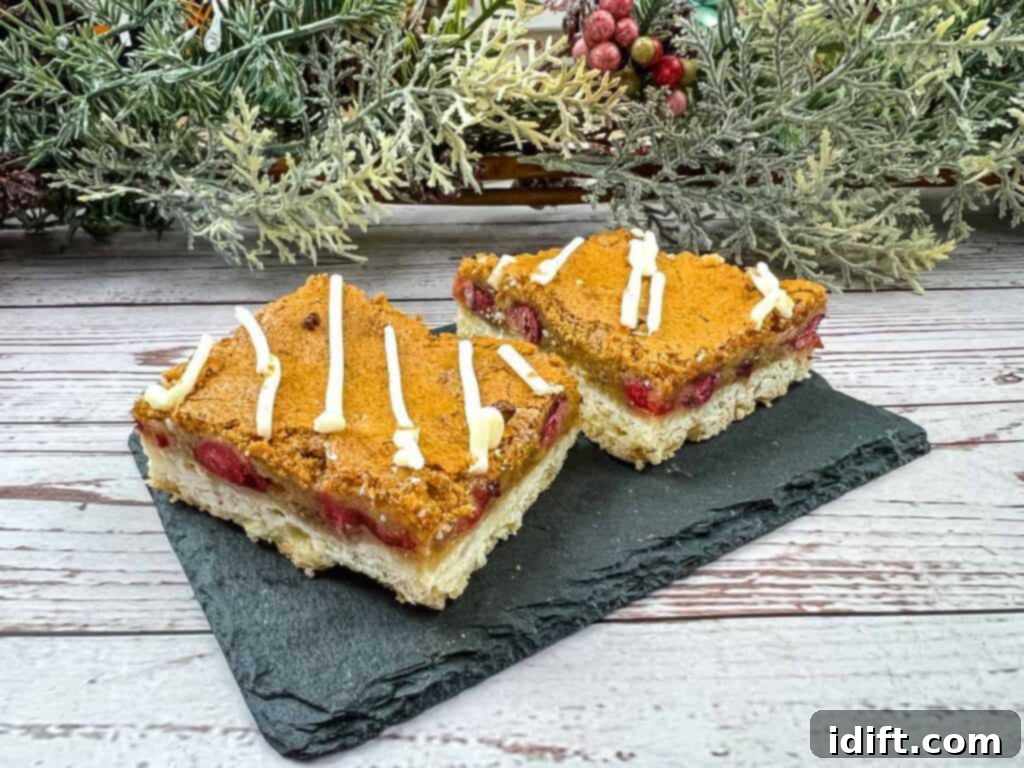 Tangy Cranberry Squares 3 Two perfectly cut cranberry bars resting on a rustic slate plate, highlighting their distinct layers.