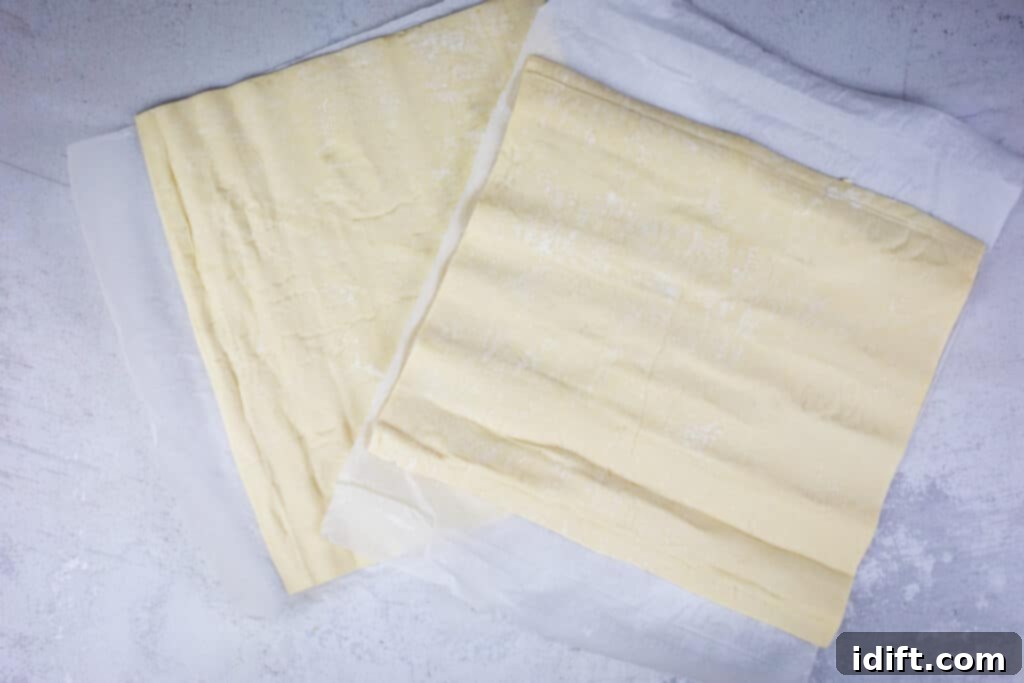 Sheets of thawed puff pastry, ready for use in pot pies.