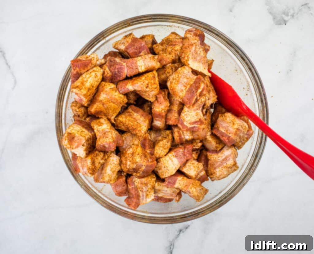 pork belly burnt ends tossed with rub
