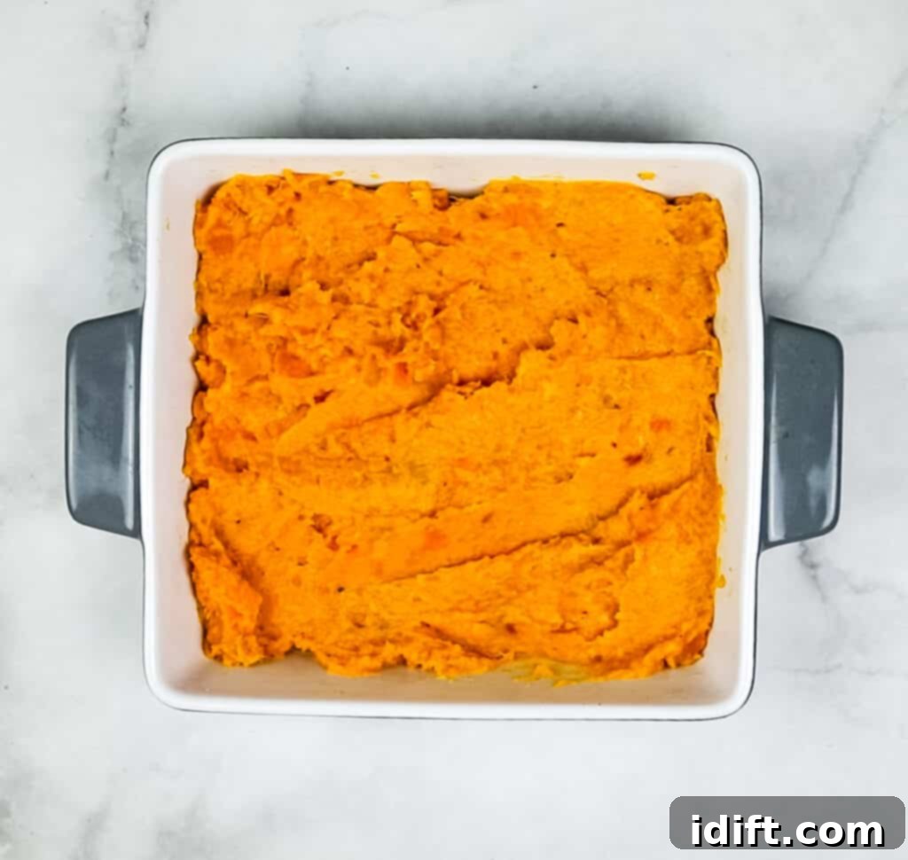 Maple Pecan Sweet Potato Bliss 8 spread the sweet potato filling evenly in a casserole dish