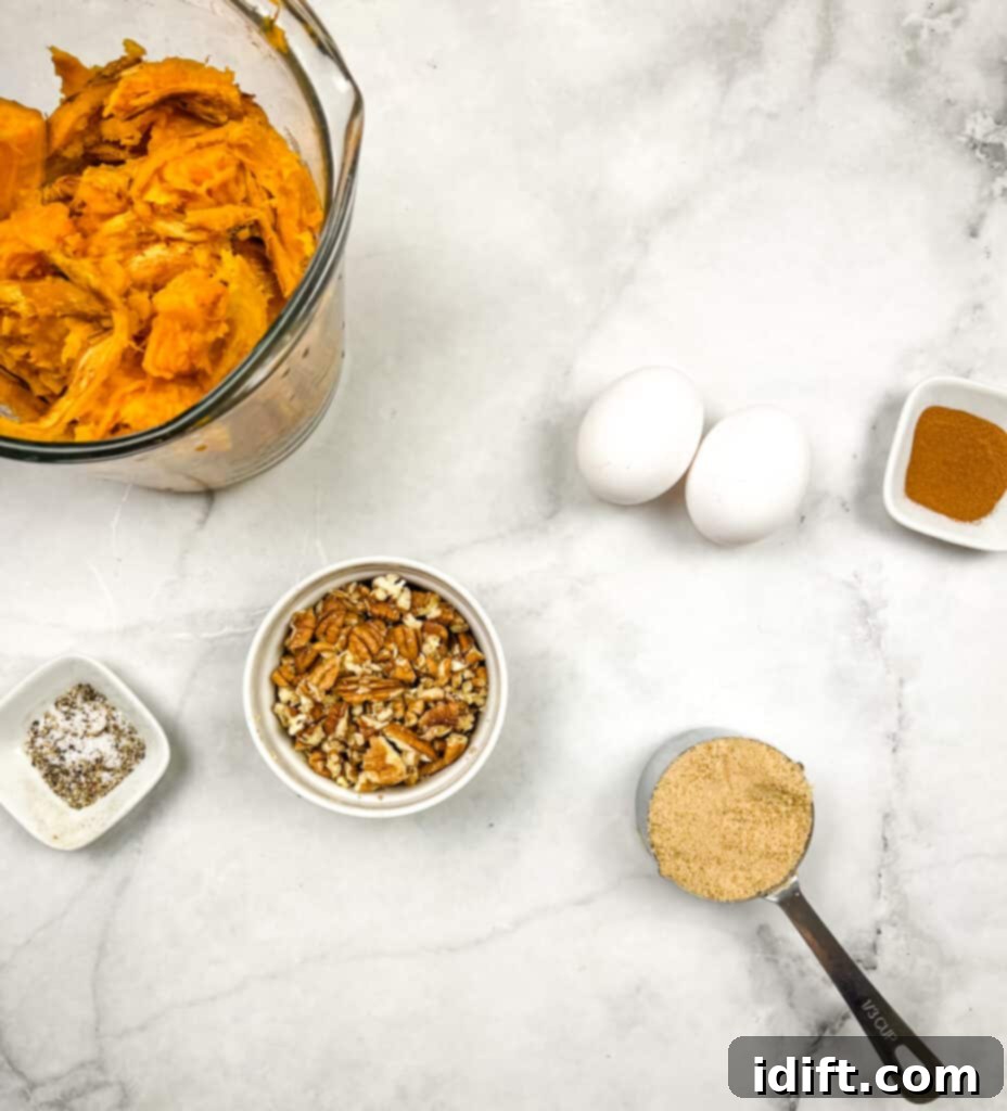 Maple Pecan Sweet Potato Bliss 4 ingredients to make sweet potato casserole including cooked sweet potatoes, eggs, pecans, brown sugar, cinnamon