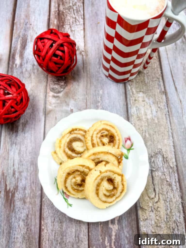 Two warm cinnamon roll cookies perfectly paired with a mug of frothy hot chocolate, ready for a cozy treat.