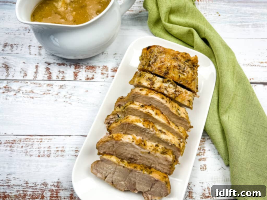 german pork loin slow cooker with gravy in the background