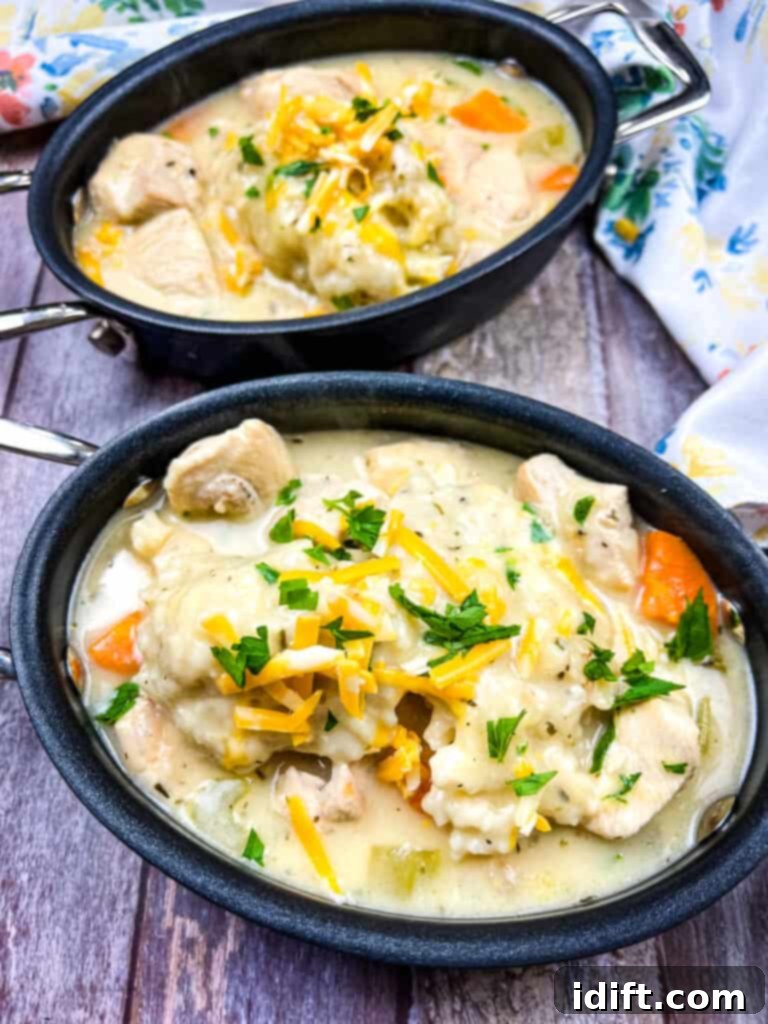 Delicious chicken and cheddar dumplings in a bowl, ready to be served