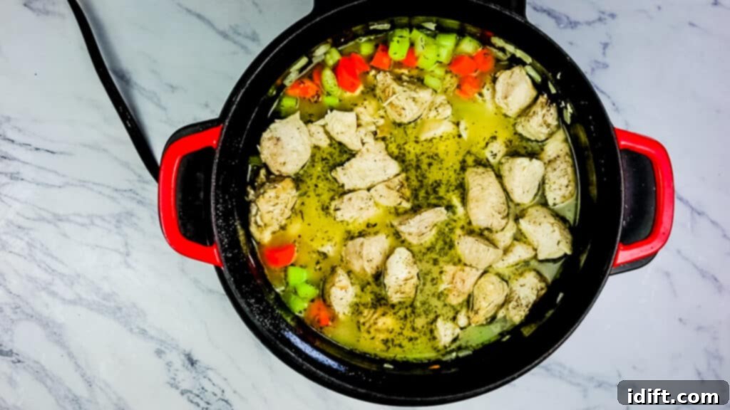 Chicken, broth, and veggies simmering in the Instant Precision Dutch Oven
