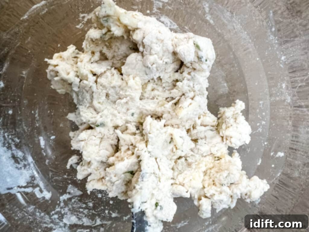 Adding milk and mixing for shaggy dumpling mixture