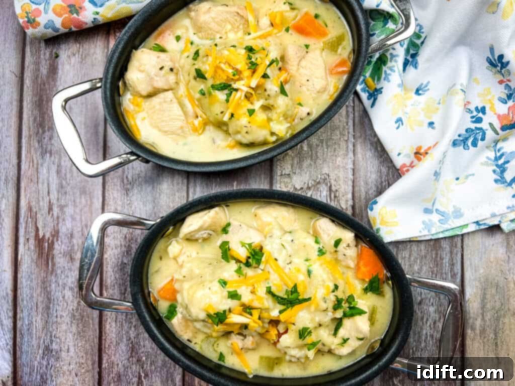 Served chicken and cheddar dumplings in black serving dishes