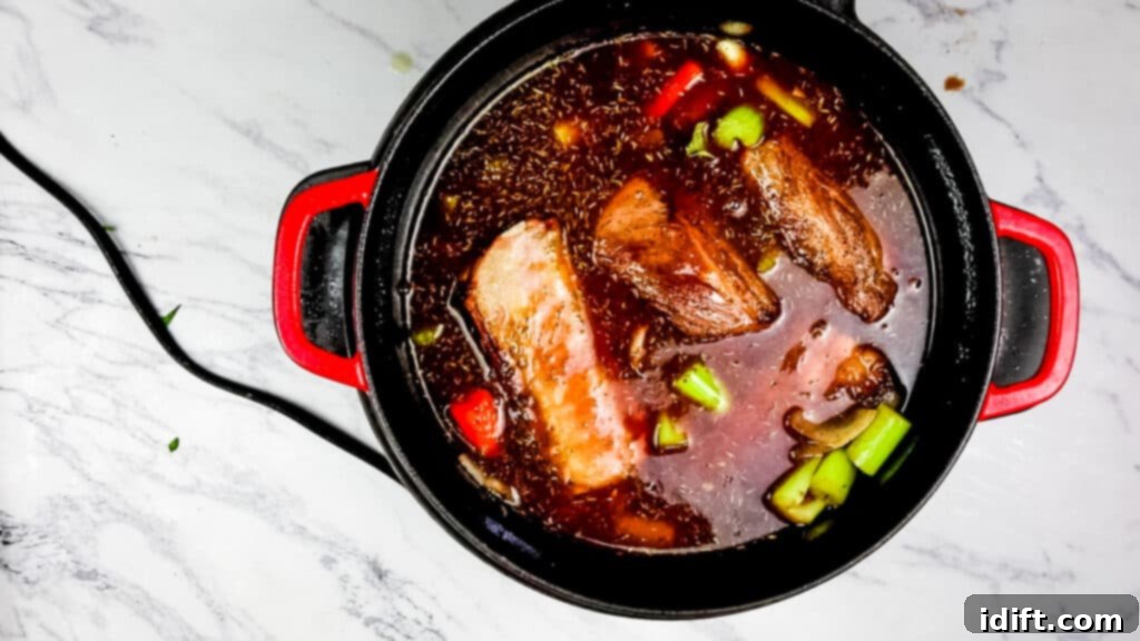 Seared short ribs nestled in the braising liquid, ready for slow cooking in the Instant Pot Dutch Oven.